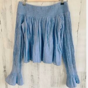 Maje Women's Blue Crinkle peplum Top Bell‎ Sleeves Boho Cotton Size 2 Office